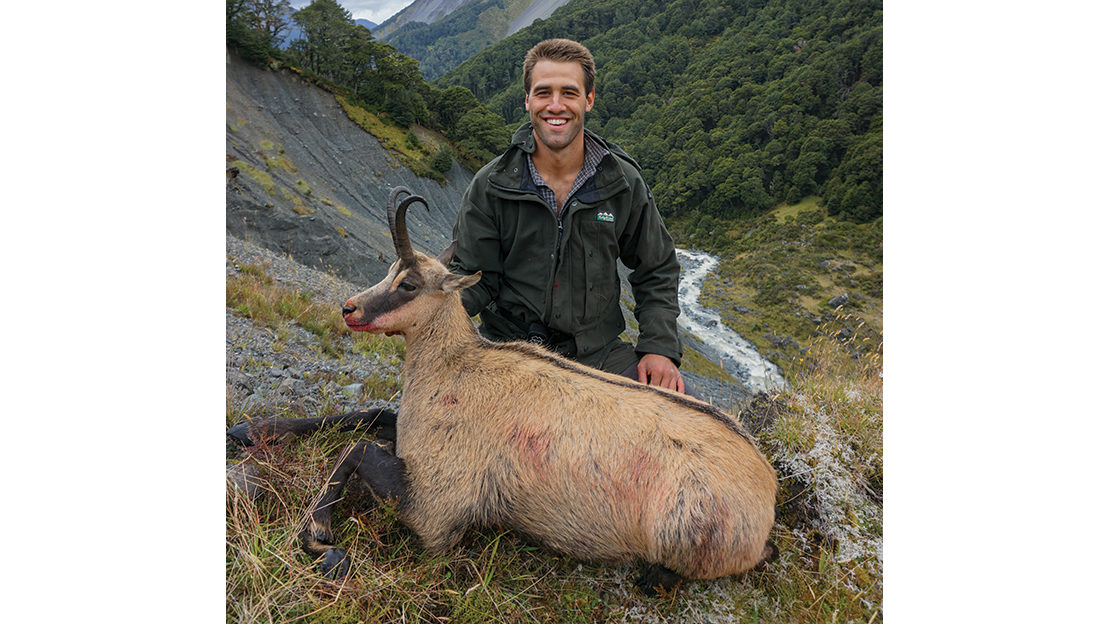 Right time, right place. Mike with his dream chamois buck after a hard slog up the valley.
