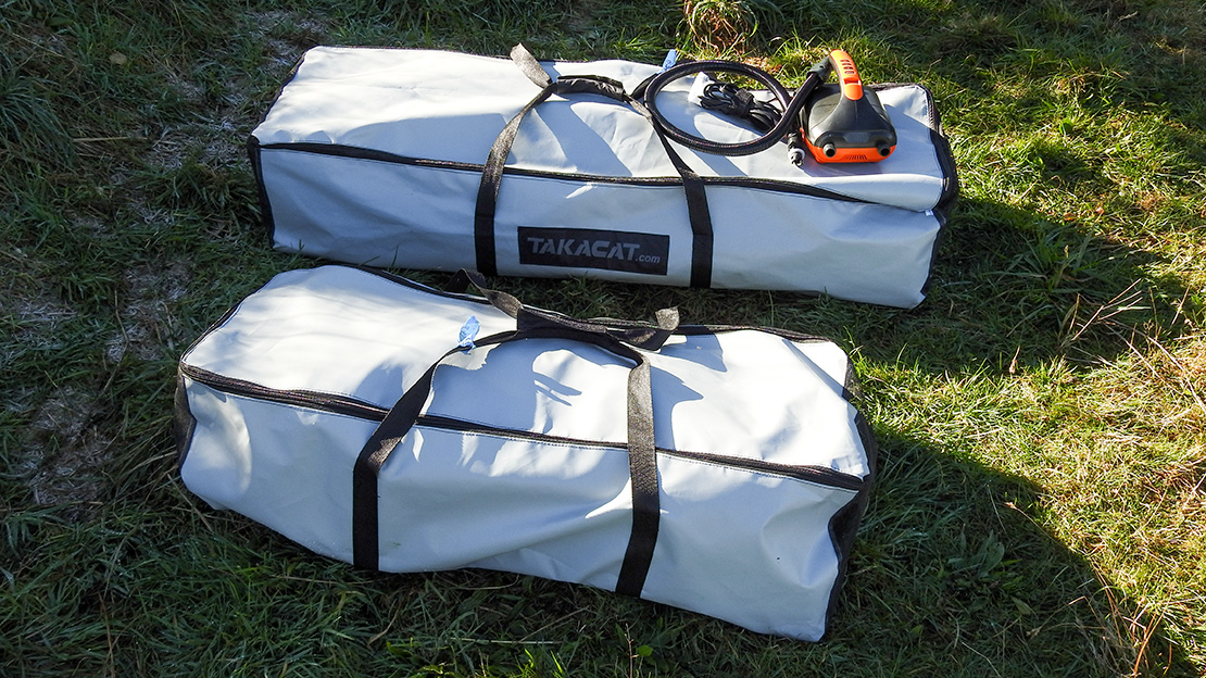 A 3.8m inflatable boat fitting into two carry bags distributes the 42kg nicely – talk about portability!