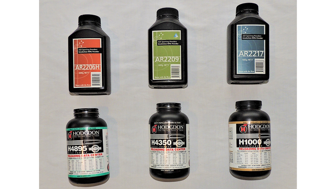 ADI make a lot of powder for Hodgdon; the lower ones are the Hodgdon-branded ADI powders. Not shown are 2208/Varget, 2213SC/4831SC and 2225/Retumbo.