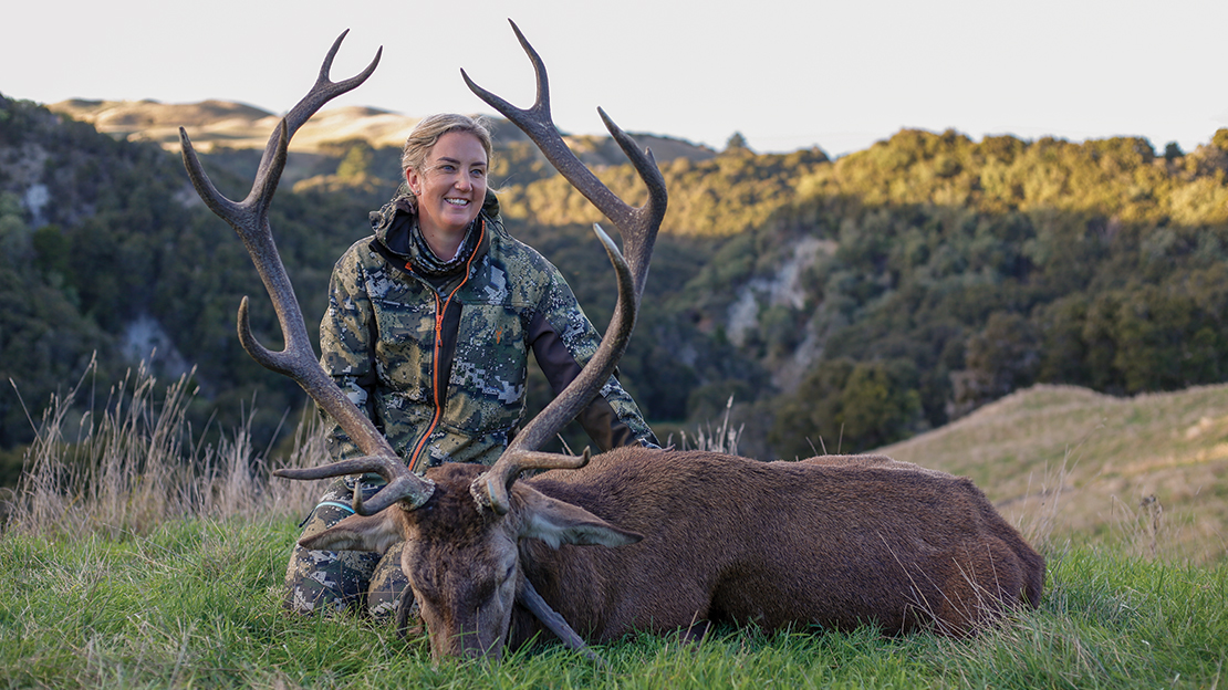 Shelley Lamborn with a cracker red stag she shot last year – spotted while using the EL Range binocular.