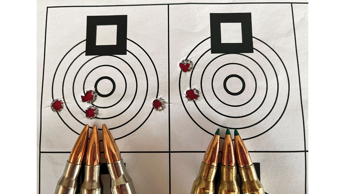 The Savage showed excellent accuracy. Federal Premium Berger 168gr Hybrid Hunter three-shot 20mm group on the left and the brand-new Remington 150gr Core-Lokt Tipped three-shot 24mm group on the right.