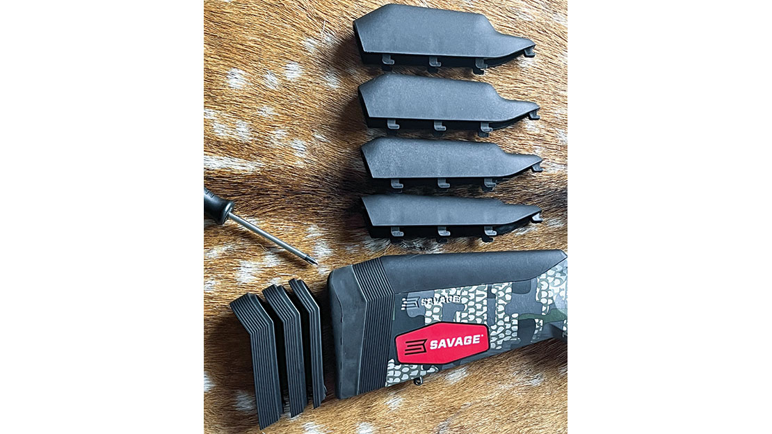 The Backcountry Xtreme Series AccuFit system. Three extra intermodular butt pads will ensure an exact fit for every hunter and the four additional comb risers will accommodate even the biggest scopes with very high rings.