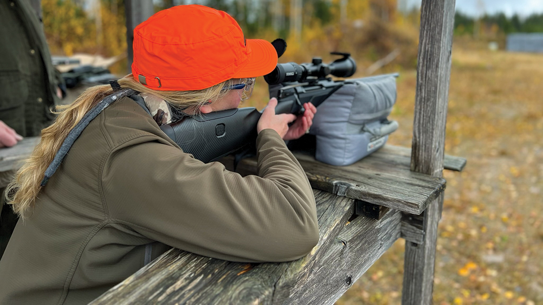 Diana Rupp, editor of American magazine Sports Afield, tries out the new Sako 100 on a basic test required to get your moose-hunting ticket.