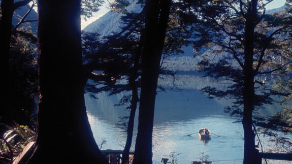 The view of two men sculling into the lake to fish, as seen from the Lake Daniells Tramping and Fishing Club Hut (the second tin hut), is idyllic.