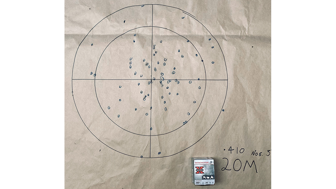 Patterning the .410 model at 20 metres using Winchester Super-X 3" 19.5gm #6 showing 77 pellets in the circle with a good dense pattern. (Inner circle is 380mm diameter.)