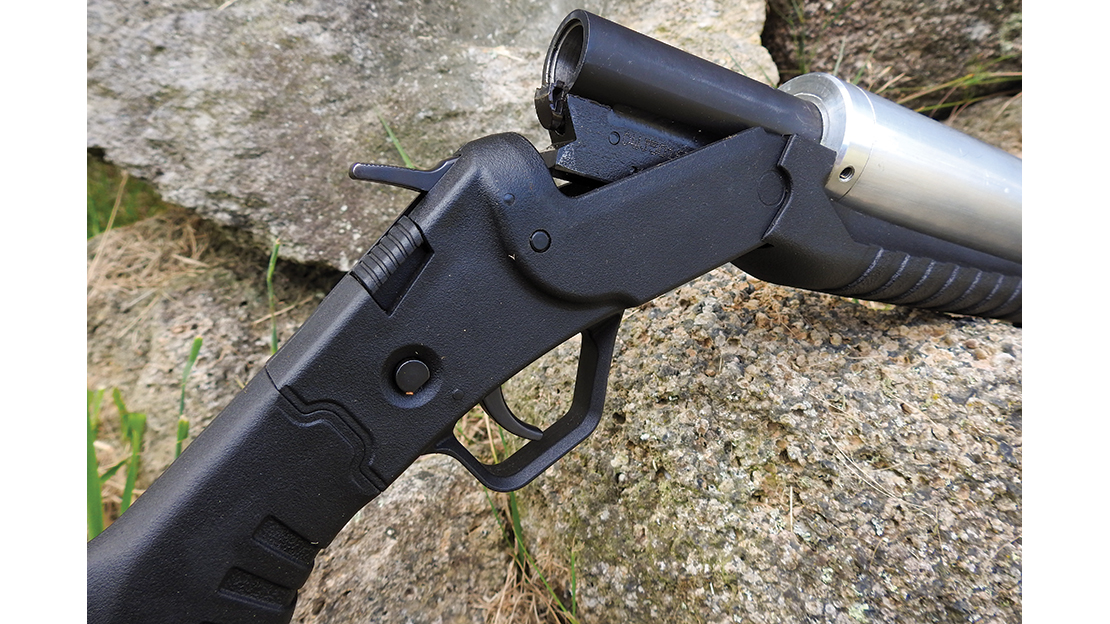 The FSS 20g. Note the safety button on the side of the receiver and the forend opening latch above this; both were in a good location and had nice positive actions.