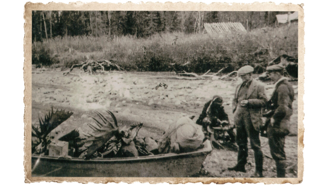 Success shortlived. John (left) and James Dunning admire Faulks' two fine moose trophies taken from the Kenai Peninsula in 1920. The boat overturned in the fast-running river and all was lost.