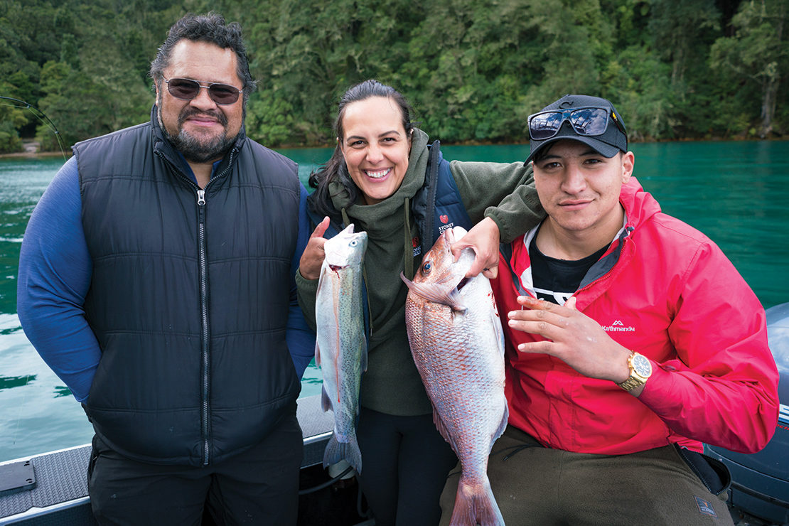 Tui with fishing Gurus Joe Te Kowhai and Carlo Gear at Lake Tarawera